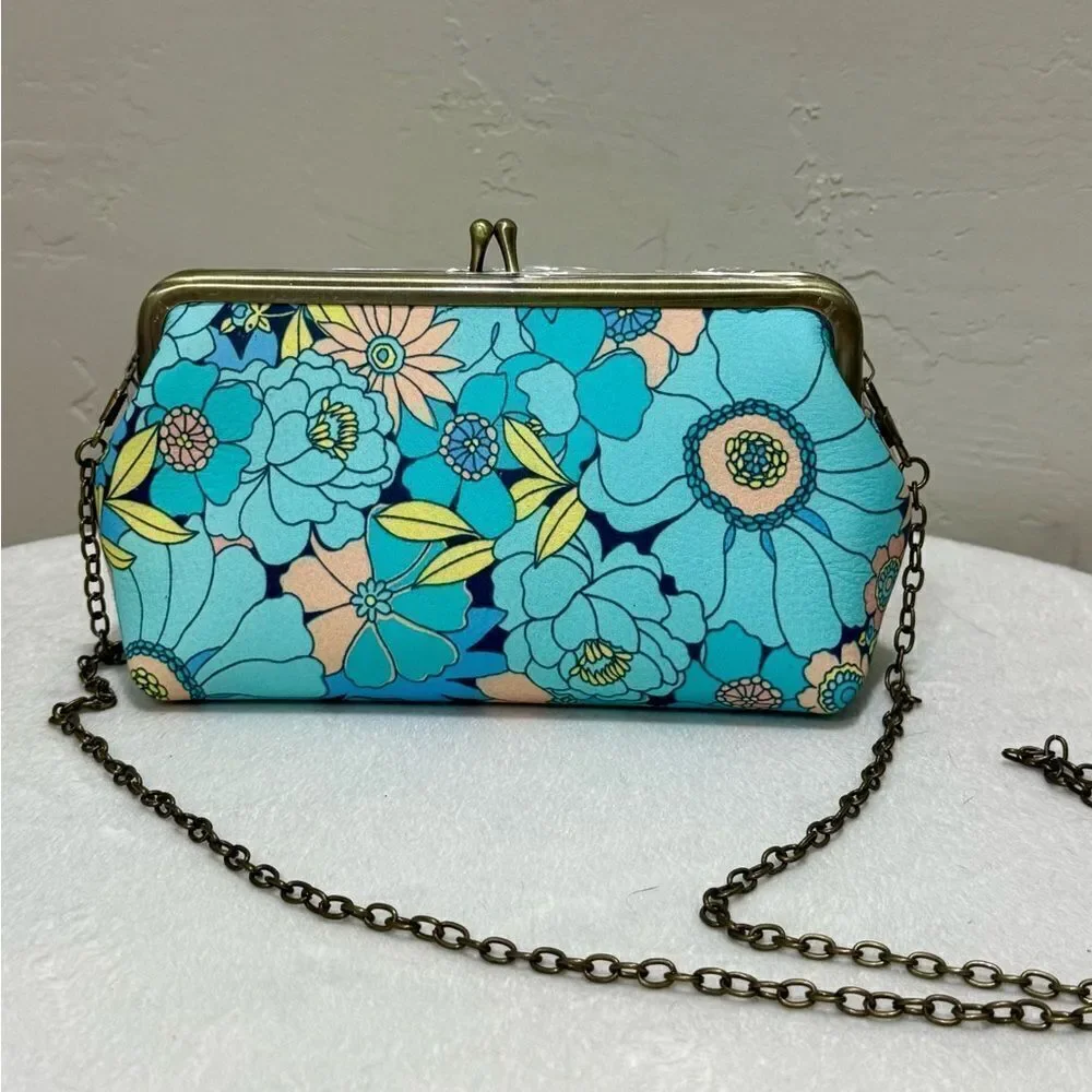 Floral Print Handmade Cowhide Kisslock Clutch/Wristlet/Phone Pouch/Crossbody